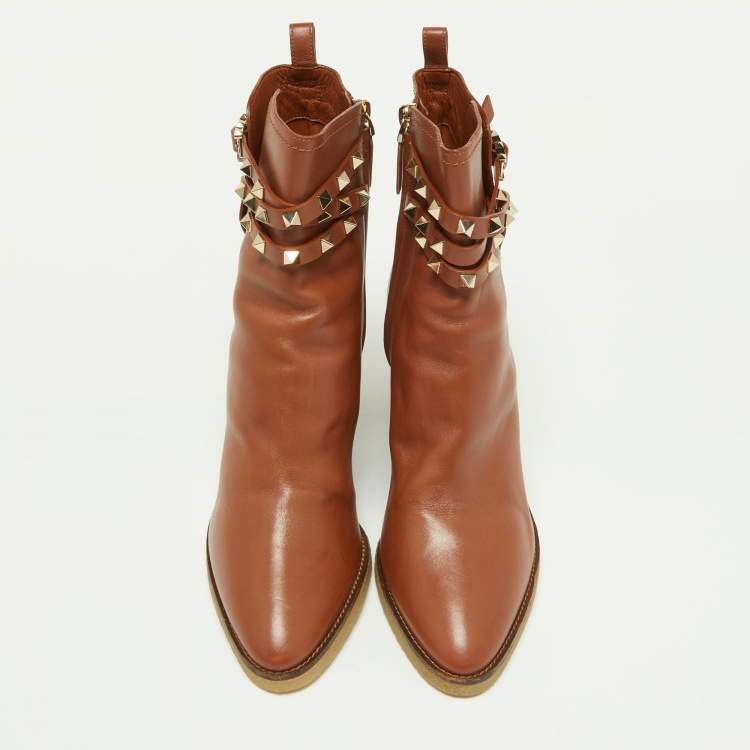 Pre Owned Valentino Brown Leather Rockstud Wedge Ankle Boots Size 41