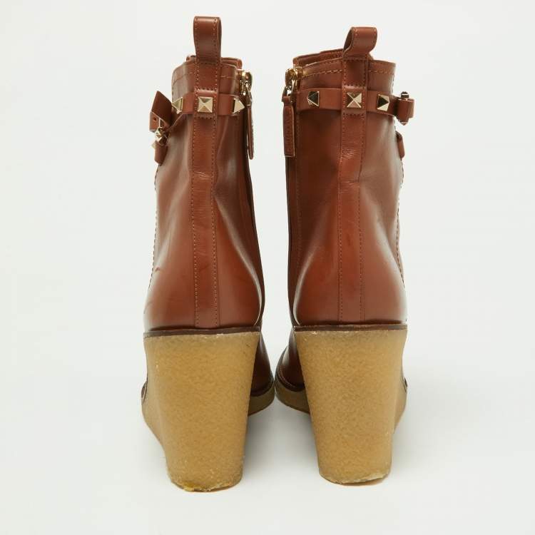 Pre Owned Valentino Brown Leather Rockstud Wedge Ankle Boots Size 41