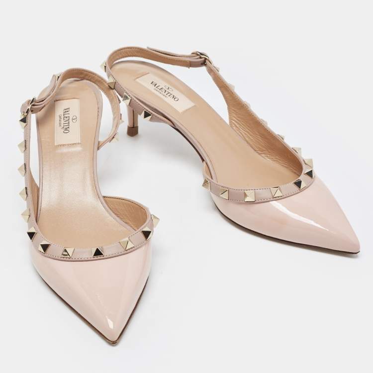 Pre Owned Valentino Beige Patent and Leather Rockstud Slingback Pumps Size 38.5