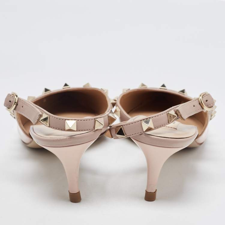 Pre Owned Valentino Beige Patent and Leather Rockstud Slingback Pumps Size 38.5