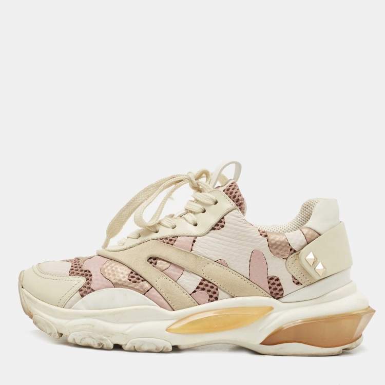 Pre Owned Valentino Multicolor Mesh and Leather Camouflage Bounce Trainer Sneakers Size 37.5
