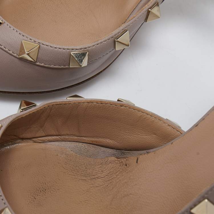 Pre Owned Valentino Beige Leather Rockstud  Slingback Pumps Size 37 