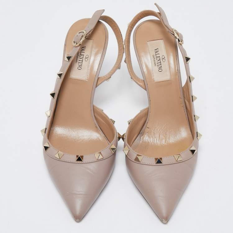 Pre Owned Valentino Beige Leather Rockstud  Slingback Pumps Size 37 