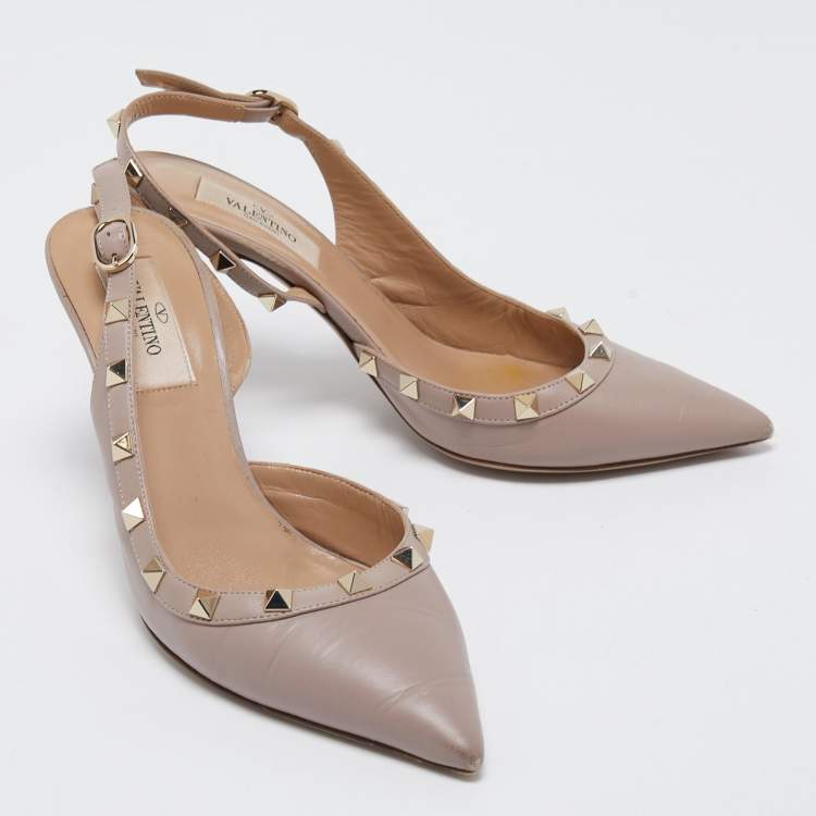 Pre Owned Valentino Beige Leather Rockstud  Slingback Pumps Size 37 