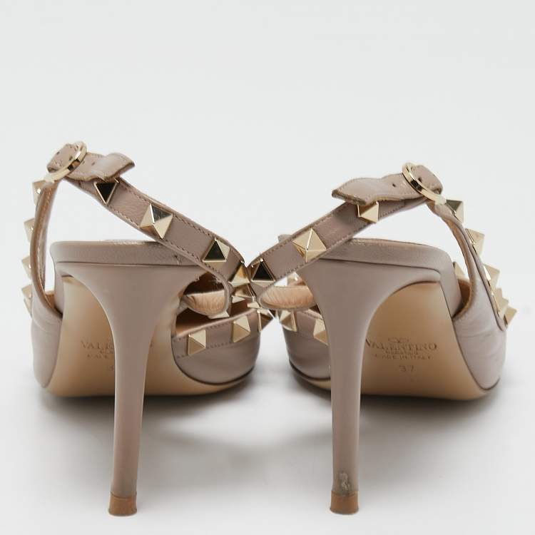 Pre Owned Valentino Beige Leather Rockstud  Slingback Pumps Size 37 