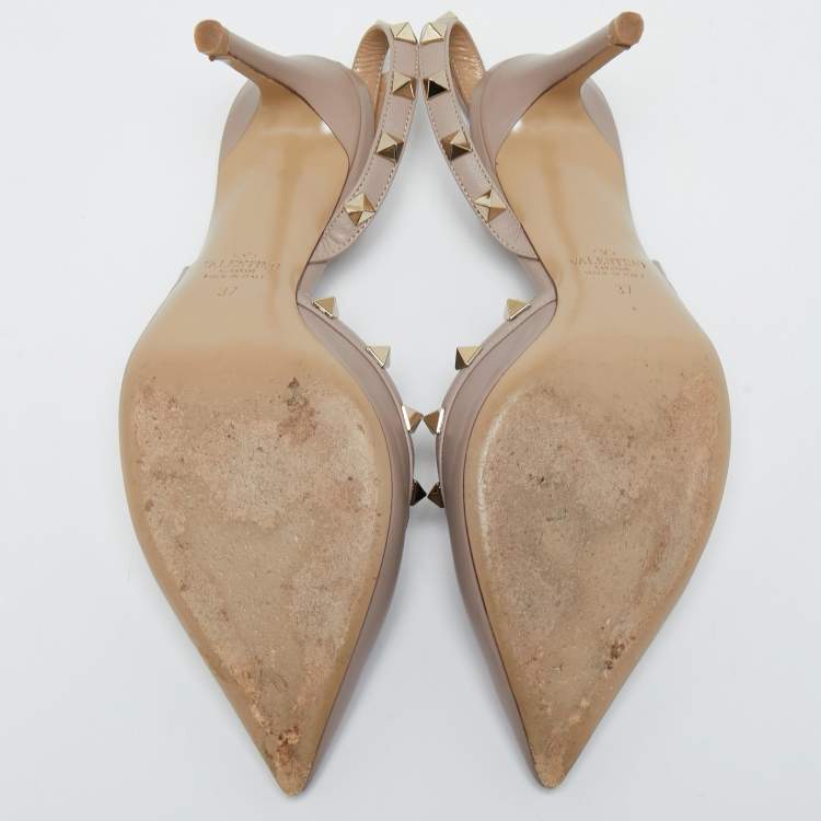 Pre Owned Valentino Beige Leather Rockstud  Slingback Pumps Size 37 