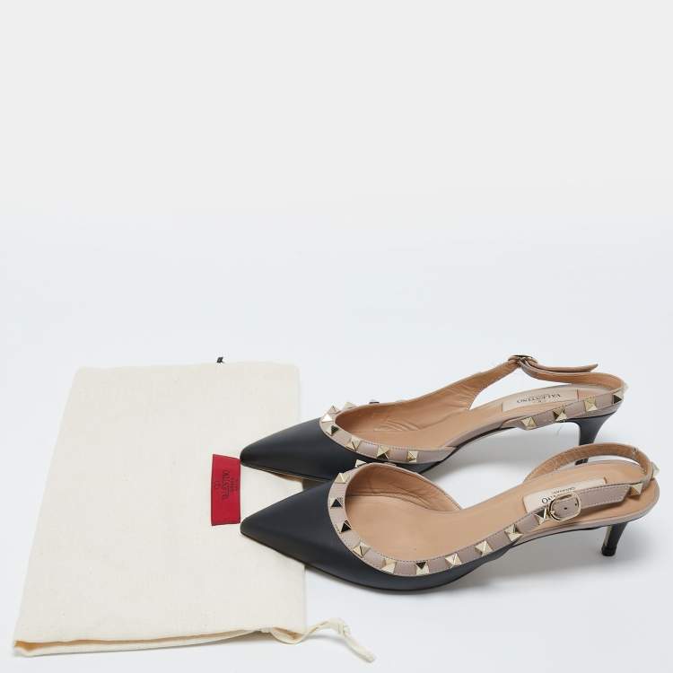 Pre Owned Valentino Black/Beige Leather Rockstud Slingback Pumps Size 37