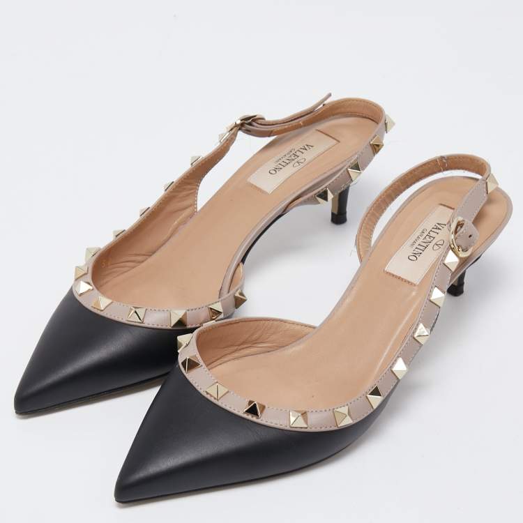 Pre Owned Valentino Black/Beige Leather Rockstud Slingback Pumps Size 37