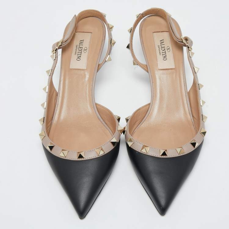 Pre Owned Valentino Black/Beige Leather Rockstud Slingback Pumps Size 37