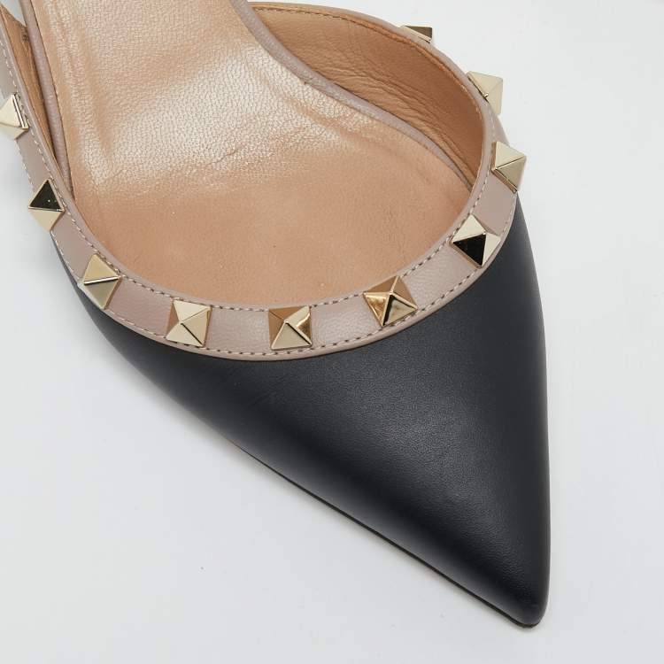 Pre Owned Valentino Black/Beige Leather Rockstud Slingback Pumps Size 37