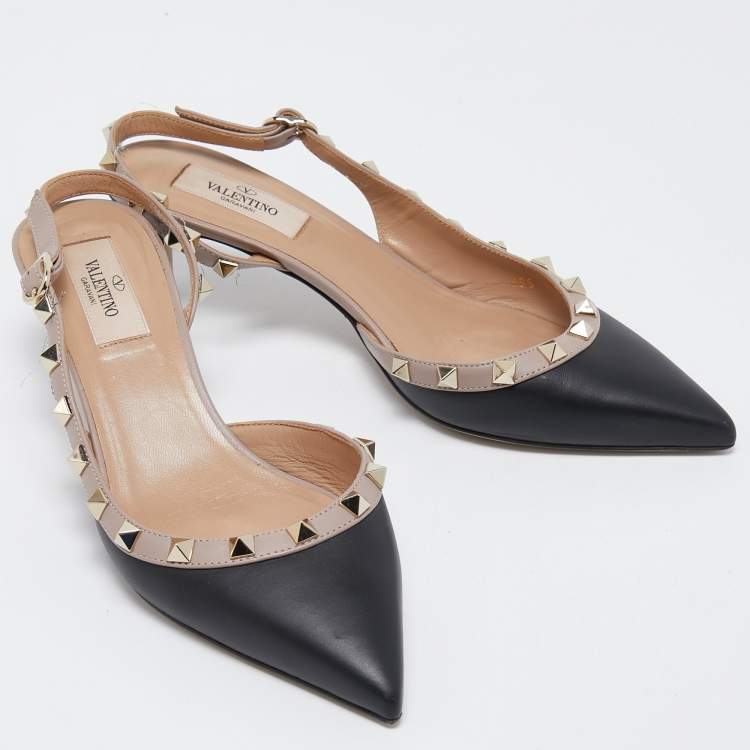 Pre Owned Valentino Black/Beige Leather Rockstud Slingback Pumps Size 37