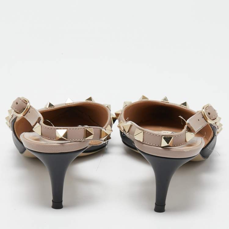 Pre Owned Valentino Black/Beige Leather Rockstud Slingback Pumps Size 37