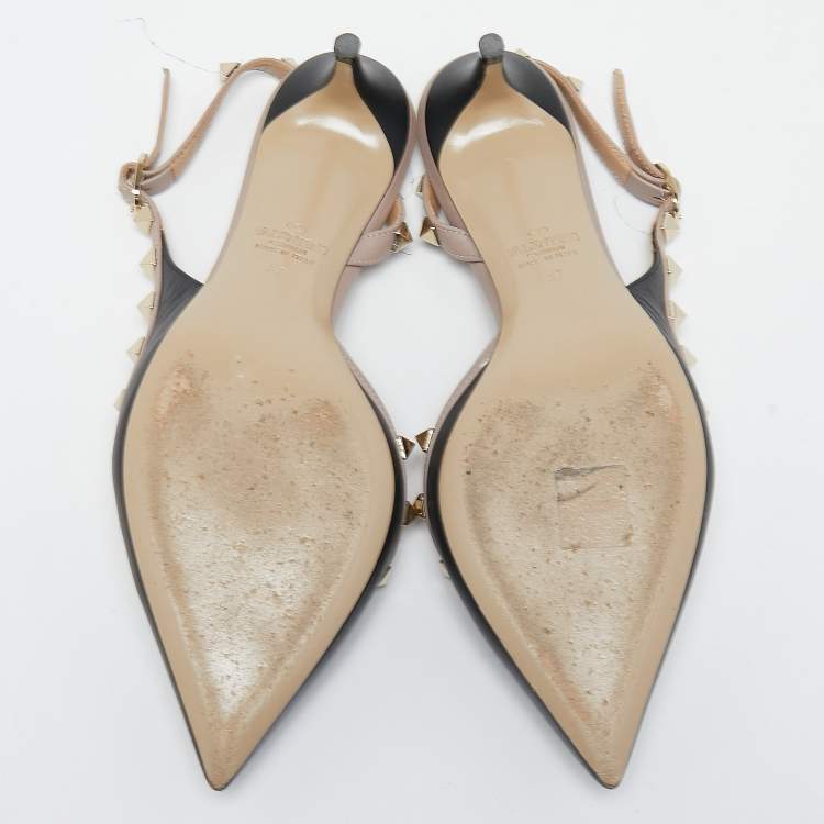 Pre Owned Valentino Black/Beige Leather Rockstud Slingback Pumps Size 37