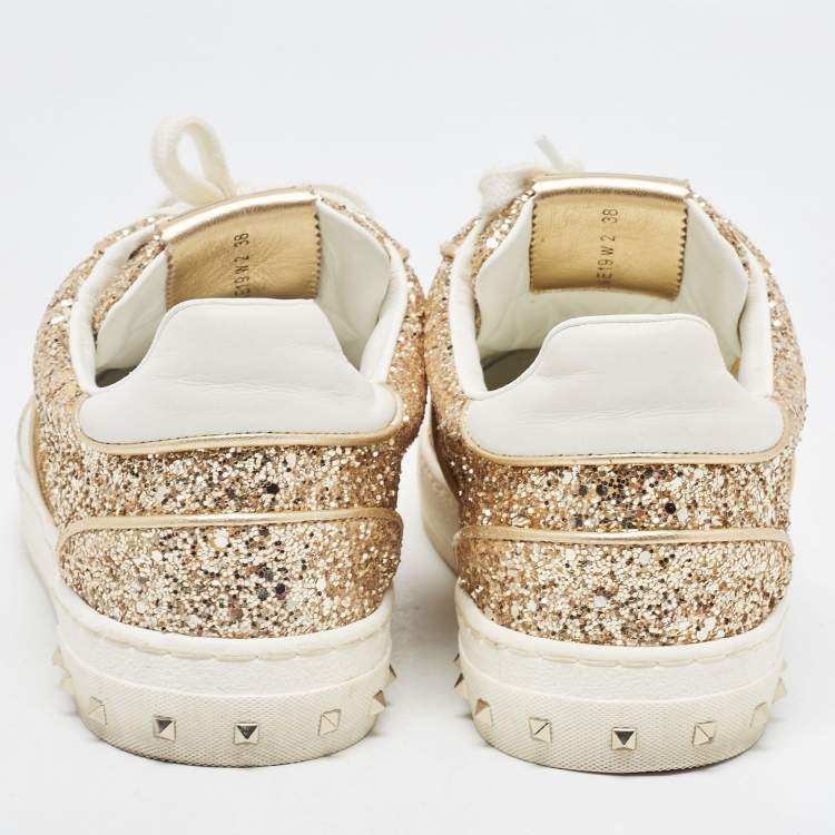 Pre Owned Valentino Gold/White Glitter and Leather Low Top Sneakers Size 38