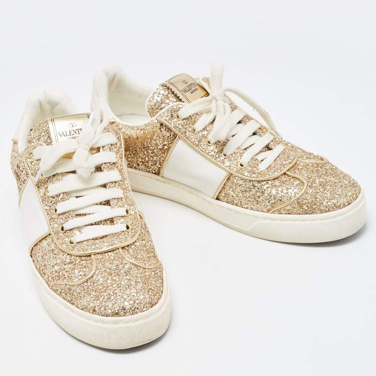 Pre Owned Valentino Gold/White Glitter and Leather Low Top Sneakers Size 38