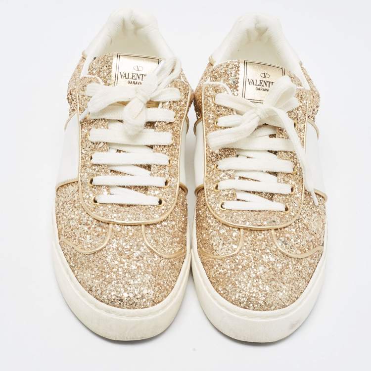 Pre Owned Valentino Gold/White Glitter and Leather Low Top Sneakers Size 38