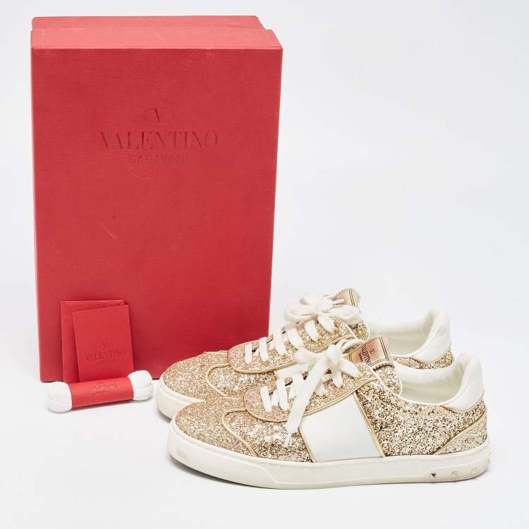 Pre Owned Valentino Gold/White Glitter and Leather Low Top Sneakers Size 38
