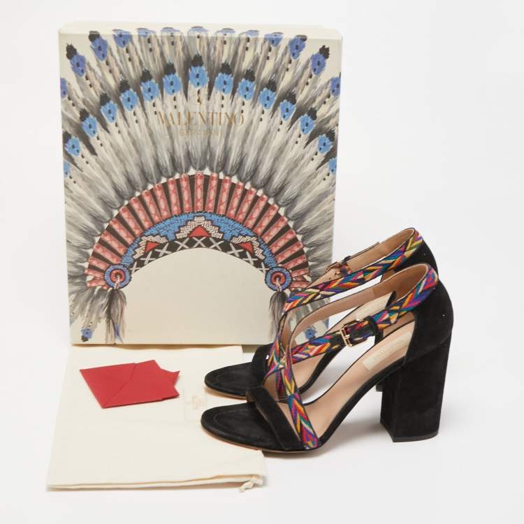 Pre Owned Valentino Black Suede and Canvas Native Block Heel Sandals Size 36.5