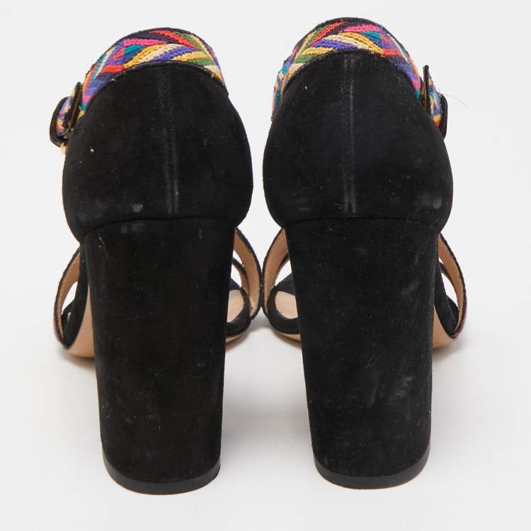 Pre Owned Valentino Black Suede and Canvas Native Block Heel Sandals Size 36.5