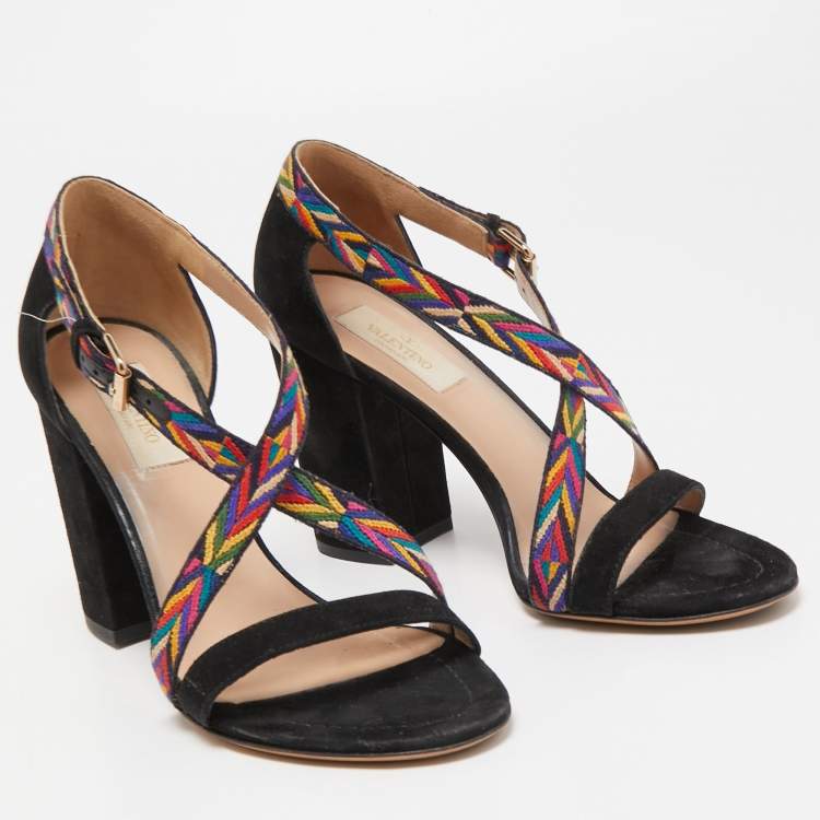 Pre Owned Valentino Black Suede and Canvas Native Block Heel Sandals Size 36.5