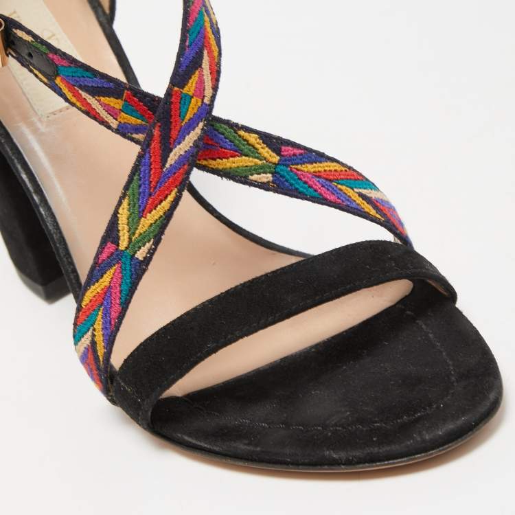 Pre Owned Valentino Black Suede and Canvas Native Block Heel Sandals Size 36.5