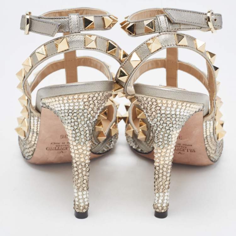 Pre Owned Valentino Multicolor Leather Crystal Embellished Rockstud  Ankle Strap Pumps Size 36