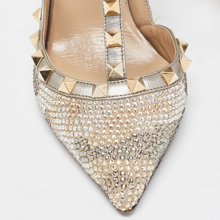 Pre Owned Valentino Multicolor Leather Crystal Embellished Rockstud  Ankle Strap Pumps Size 36