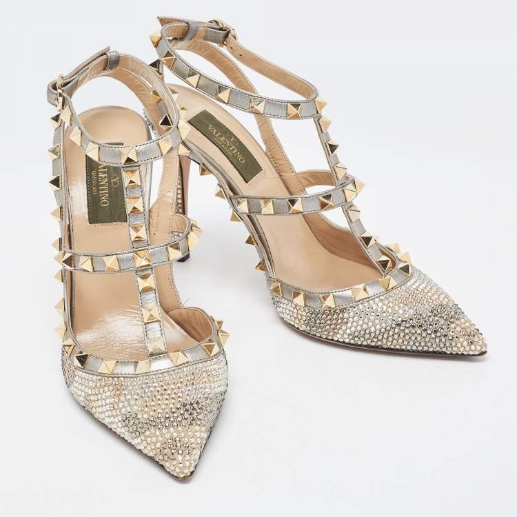 Pre Owned Valentino Multicolor Leather Crystal Embellished Rockstud  Ankle Strap Pumps Size 36