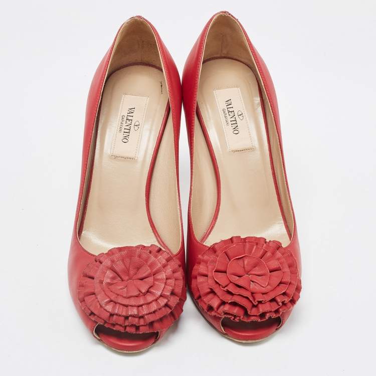 Pre Owned Valentino Red Leather Floral Peep Toe Pumps Size 37