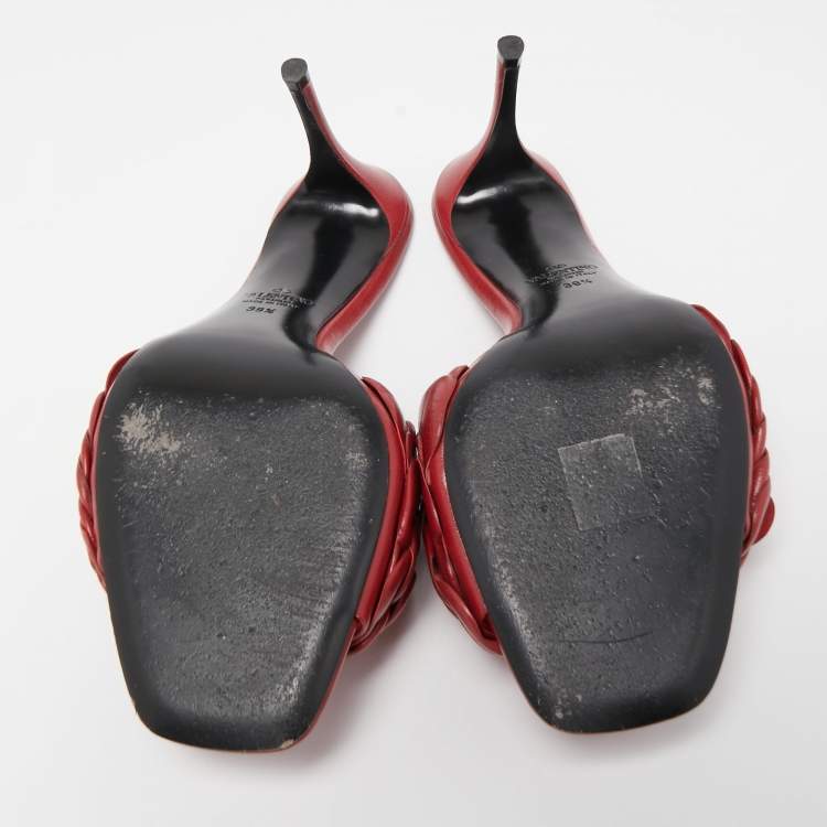 Pre Owned Valentino Dark Red Leather Rose Atelier Slide Sandals Size 39.5