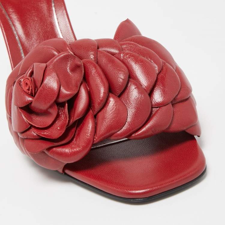 Pre Owned Valentino Dark Red Leather Rose Atelier Slide Sandals Size 39.5