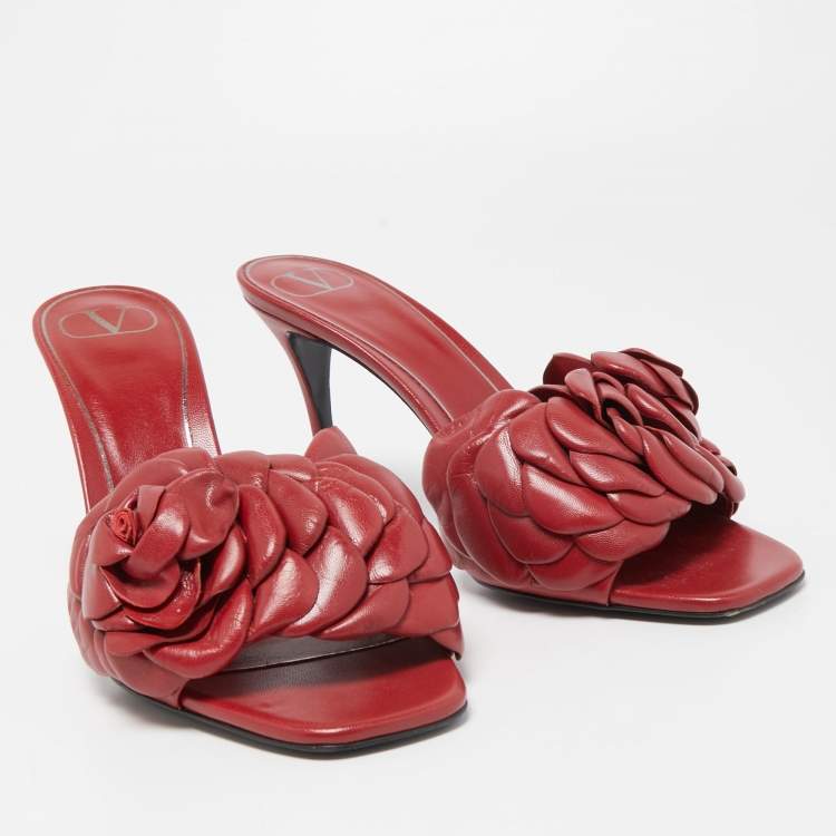 Pre Owned Valentino Dark Red Leather Rose Atelier Slide Sandals Size 39.5