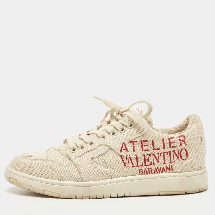 Pre Owned Valentino Beige Canvas Atelier Camouflage Edition Low Top Sneakers Size 37