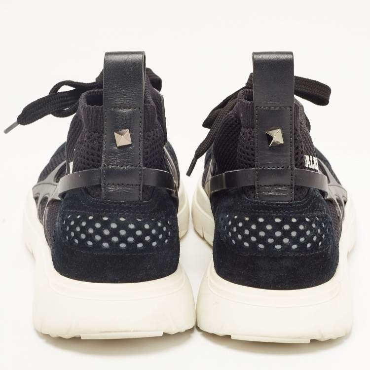 Pre Owned Valentino Black Knit Fabric and Leather High Top Sneakers Size 39