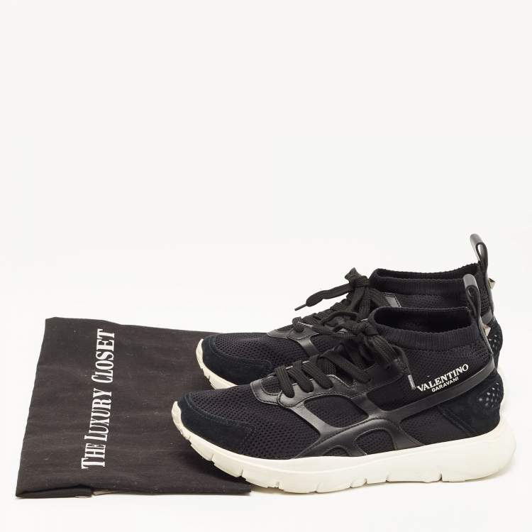 Pre Owned Valentino Black Knit Fabric and Leather High Top Sneakers Size 39