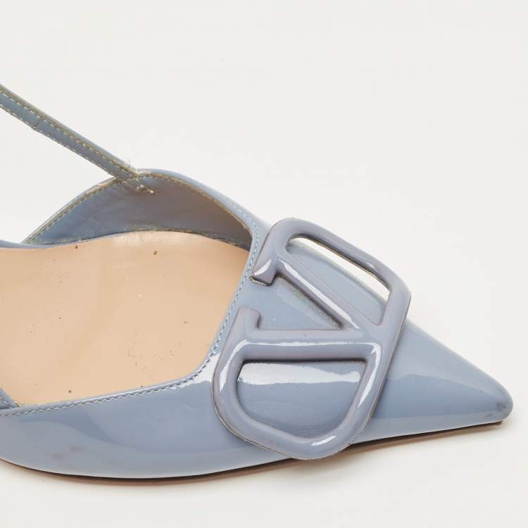 Pre Owned Valentino Blue Patent Roman Pointed Toe Slingback Pumps Size 38