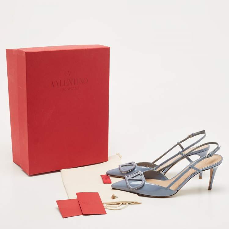 Pre Owned Valentino Blue Patent Roman Pointed Toe Slingback Pumps Size 38