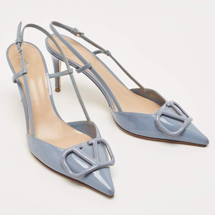 Pre Owned Valentino Blue Patent Roman Pointed Toe Slingback Pumps Size 38