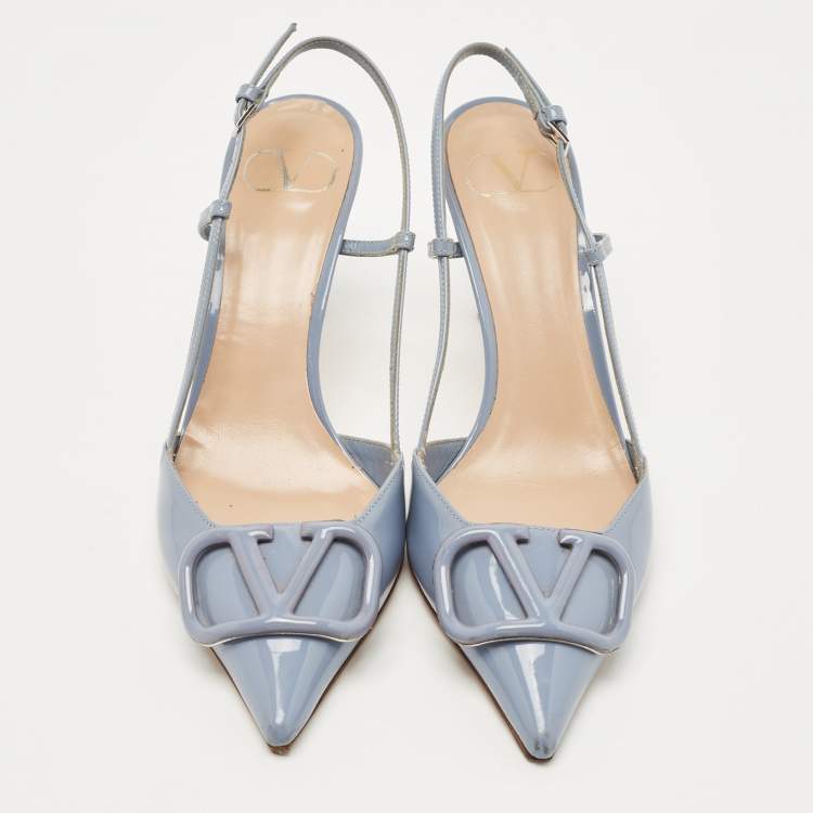 Pre Owned Valentino Blue Patent Roman Pointed Toe Slingback Pumps Size 38
