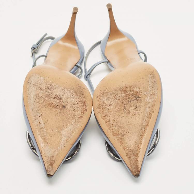 Pre Owned Valentino Blue Patent Roman Pointed Toe Slingback Pumps Size 38