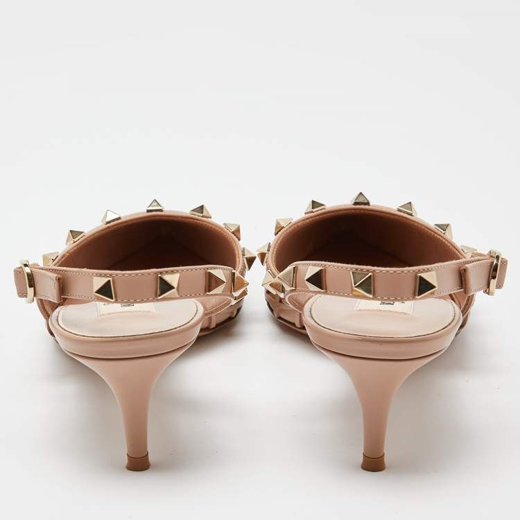 Pre Owned Valentino Beige Leather Rockstud Slingback  Pumps Size 38.5