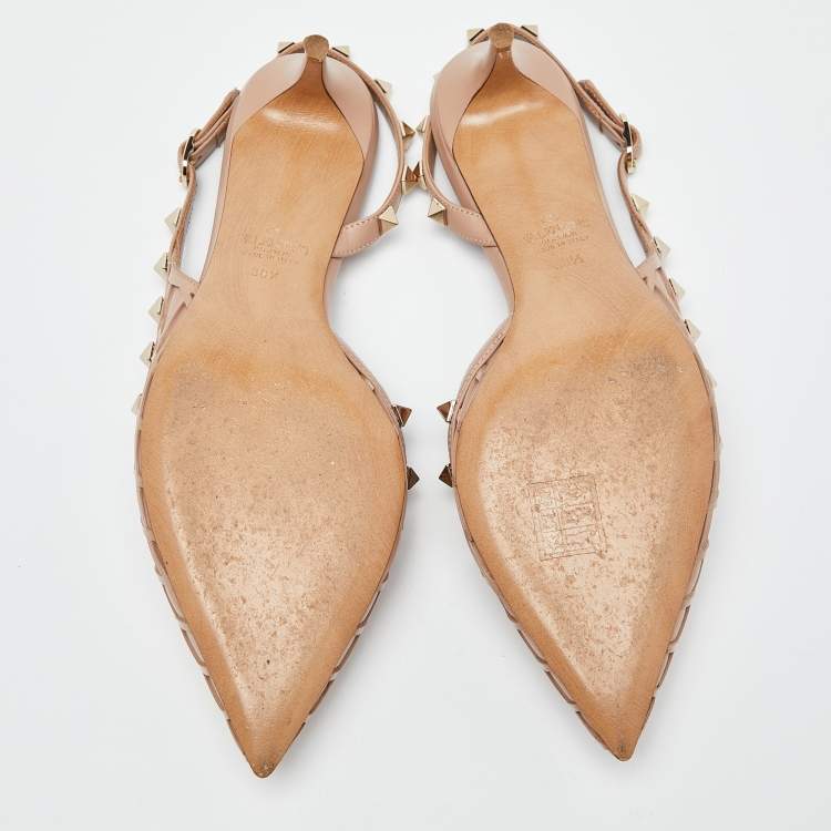 Pre Owned Valentino Beige Leather Rockstud Slingback  Pumps Size 38.5