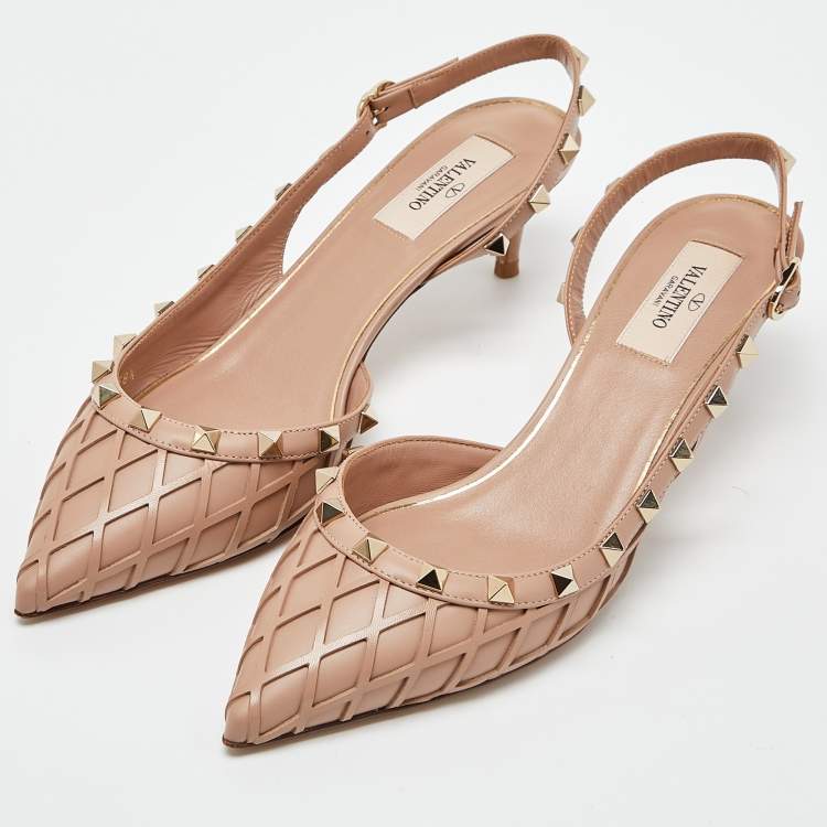 Pre Owned Valentino Beige Leather Rockstud Slingback  Pumps Size 38.5