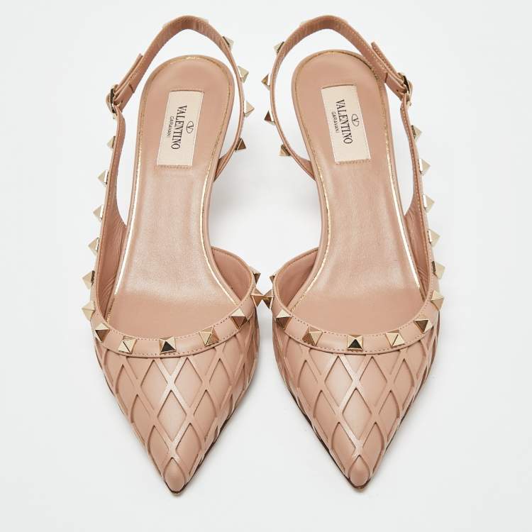 Pre Owned Valentino Beige Leather Rockstud Slingback  Pumps Size 38.5