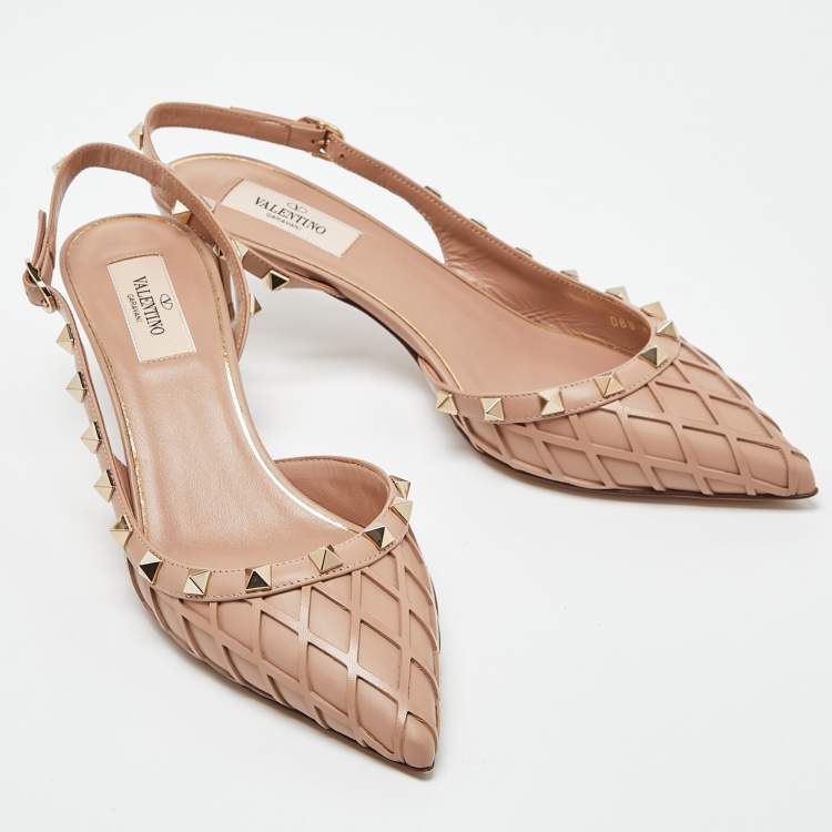 Pre Owned Valentino Beige Leather Rockstud Slingback  Pumps Size 38.5