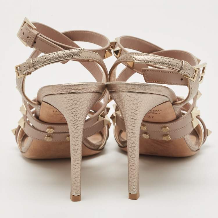 Pre Owned Valentino Metallic Bronze/Beige Leather Rockstud Ankle Strap Sandals Size 37