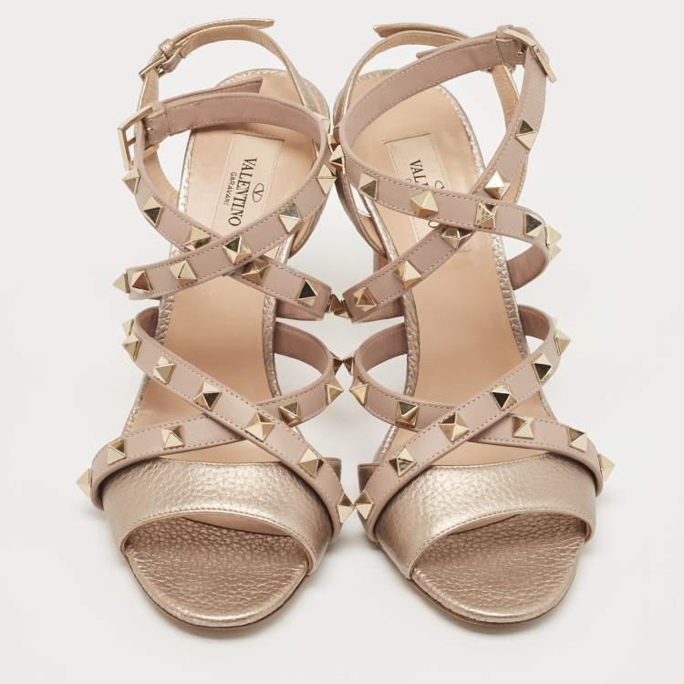 Pre Owned Valentino Metallic Bronze/Beige Leather Rockstud Ankle Strap Sandals Size 37