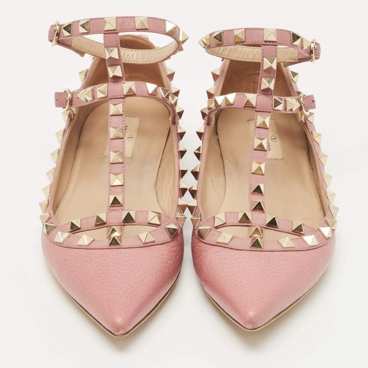 Pre Owned Valentino Pink Leather Rockstud Ballet Flats Size 39