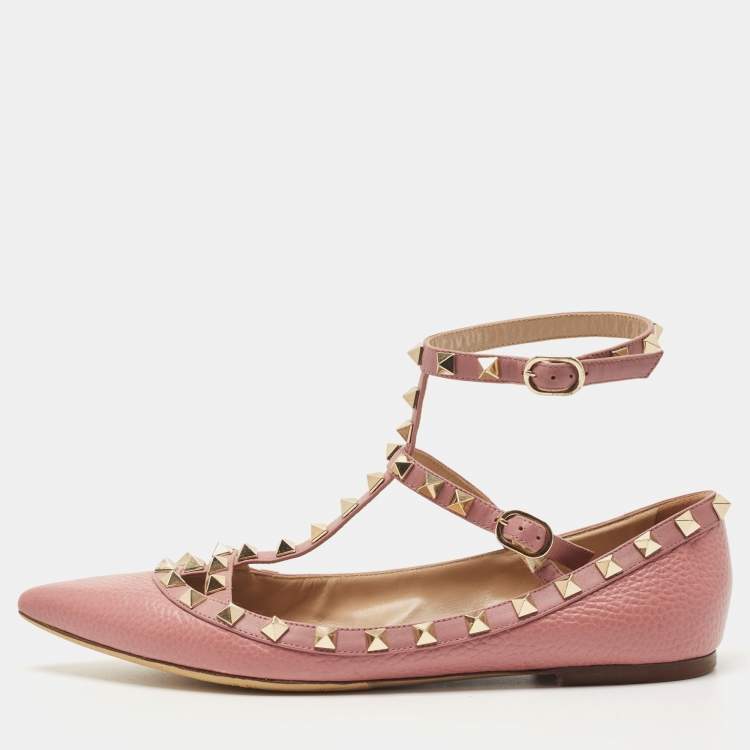 Pre Owned Valentino Pink Leather Rockstud Ballet Flats Size 39