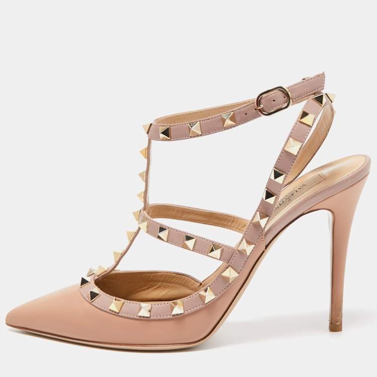 Pre Owned Valentino Beige Leather Rockstud Buckle Strap Pumps Size 40
